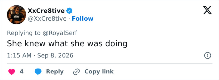 Screenshot of a tweet by XxCre8tive stating the attractive woman knew what she was doing, referring to her viral moment.