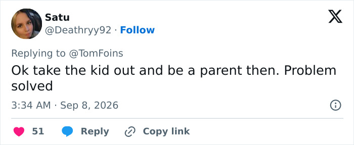 A tweet from Satu advising a dad to take his kid out and parent him, addressing the nursery debate.