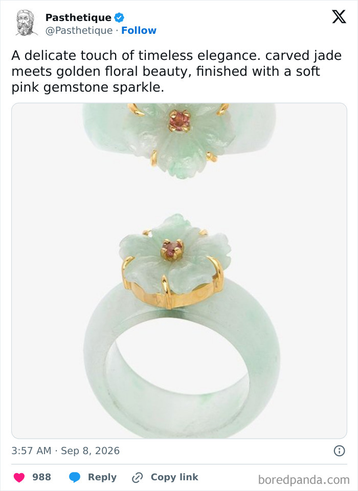 A carved green jade ring with a golden flower, representing elegant history and culture