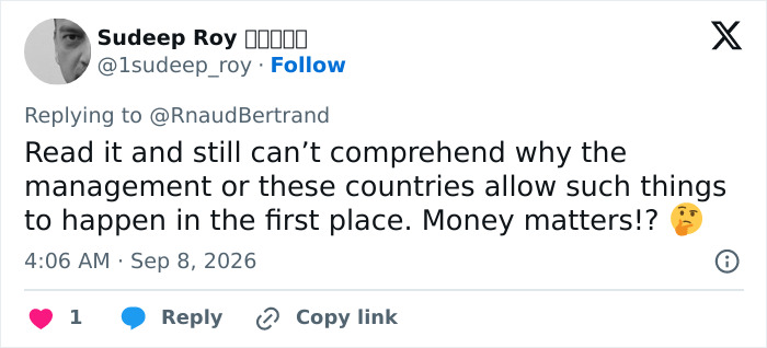 A tweet by Sudeep Roy questioning management compliance with the Hindu guru's demand to make women invisible at the Eiffel Tower.