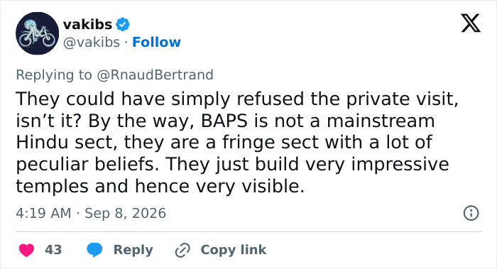Tweet discussing the Eiffel Tower closure, mentioning BAPS is a fringe Hindu sect with peculiar beliefs.