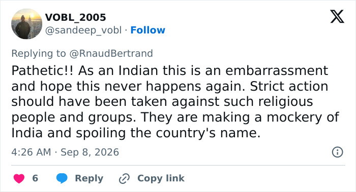 Twitter user VOBL_2005's reply regarding the Eiffel Tower closed amid outrage from a Hindu guru.