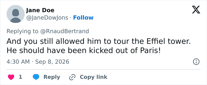 A tweet by Jane Doe criticizing a Hindu guru touring the Eiffel Tower and suggesting he be kicked out of Paris, amid outrage.