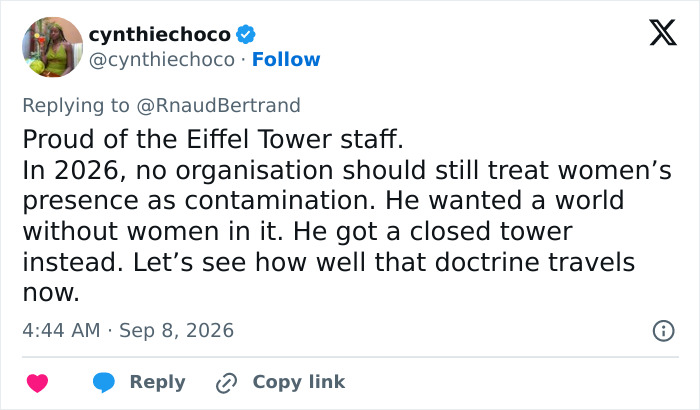 A tweet by cynthiechoco praising Eiffel Tower staff for closing the tower amid the incident and outrage.