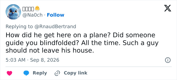 Twitter user @Na0ch questions how the guru traveled, commenting on the Eiffel Tower closed outrage.