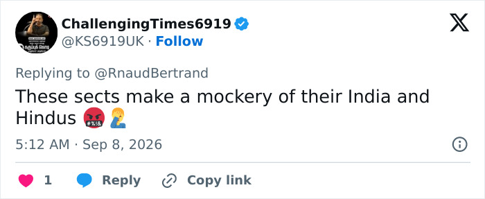 Twitter user ChallengingTimes6919's reply regarding the Eiffel Tower closed amid outrage from a Hindu guru.