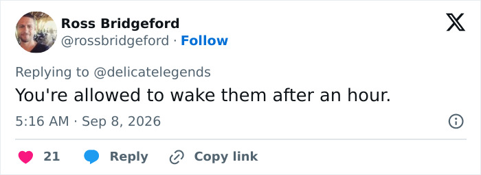 A social media post from Ross Bridgeford about waking a child after an hour, contributing to the debate.