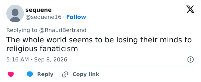 Tweet observing religious fanaticism in relation to the Eiffel Tower incident and women being made invisible.