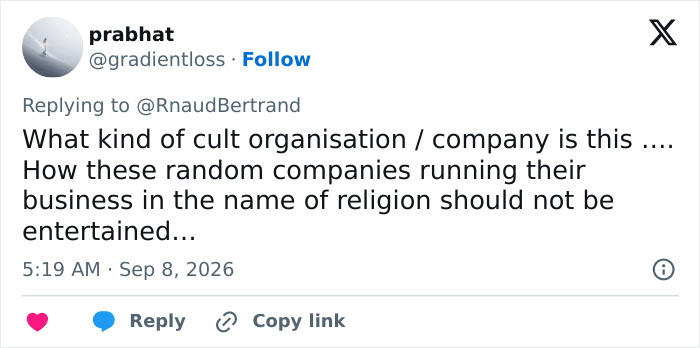 Twitter user @gradientloss critiques organizations running business in religion's name, referencing the Eiffel Tower closed event.