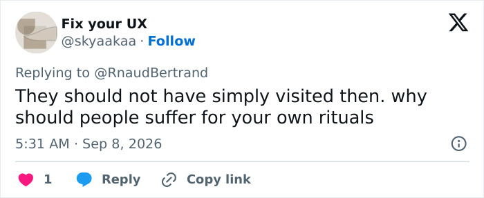 Twitter user Fix your UX's reply regarding the Eiffel Tower closed amid outrage from a Hindu guru.