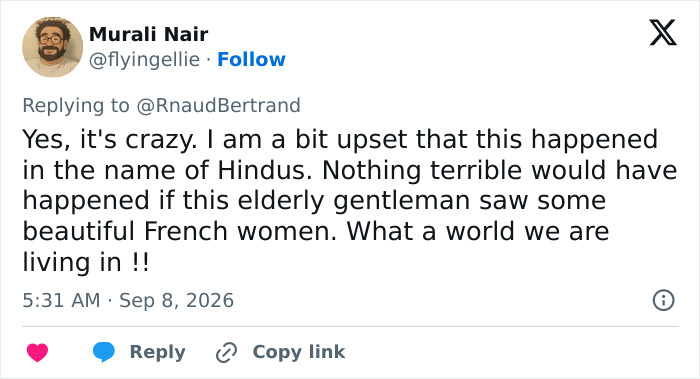 A tweet by Murali Nair expressing upset over the Hindu guru incident and the women made invisible demand at the Eiffel Tower, mentioning Hindus.