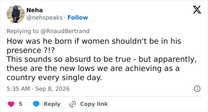A tweet by Neha questioning the logic behind the Hindu guru's demand for women to be made invisible at the Eiffel Tower.