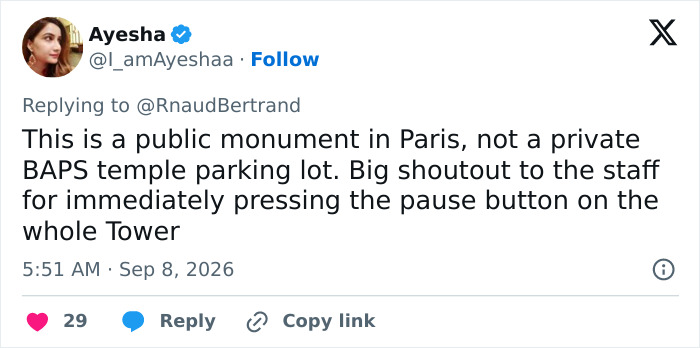 A tweet by Ayesha criticizes the incident, stating the Eiffel Tower is a public monument, not a private temple.