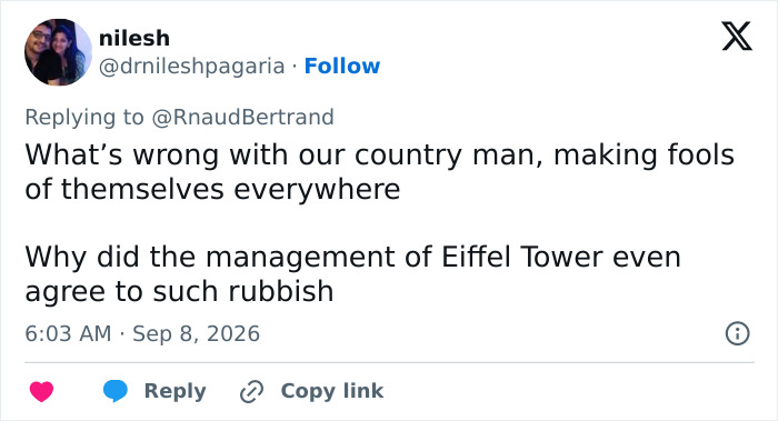 Tweet expressing outrage over Eiffel Tower management compliance with demands for women to be made invisible.