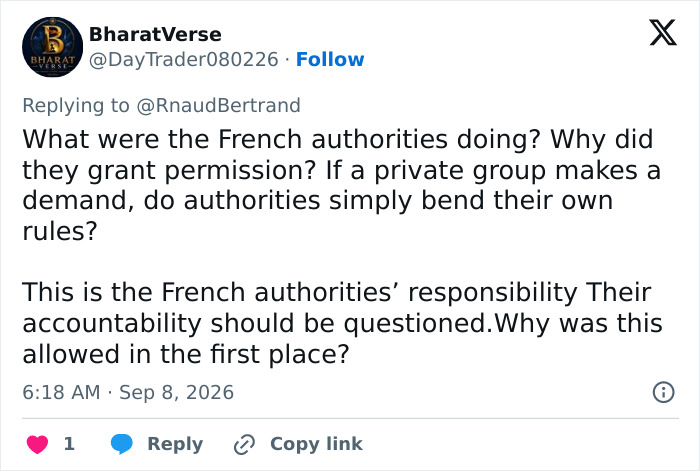Twitter user @DayTrader080226 questions French authorities regarding the Eiffel Tower closed incident and granting permission.