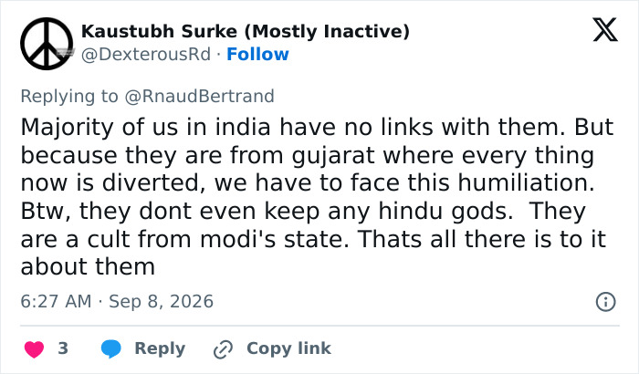 A tweet by Kaustubh Surke discussing the Hindu guru and the women made invisible controversy at the Eiffel Tower, clarifying no links with India.