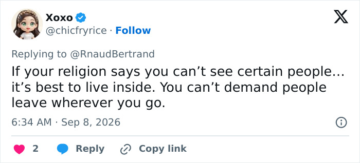 A tweet by Xoxo stating that if religion dictates not seeing people, it's best to live inside, amid outrage.