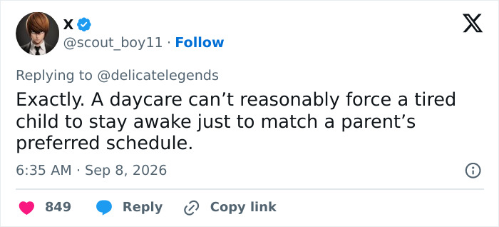 Screenshot of a tweet from X debating a nursery's role in a child's schedule, referencing the viral dad's complaint.
