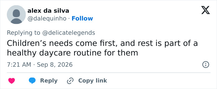 Screenshot of a tweet from alex da silva stating children's needs and rest are key in healthy daycare.
