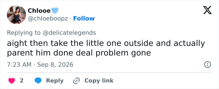 Screenshot of a tweet from Chlooe suggesting to parent him, engaging in a viral debate about dad's complaint.