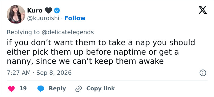 A social media reply advising on naps for children, part of the unexpected debate following a dad's complaint.