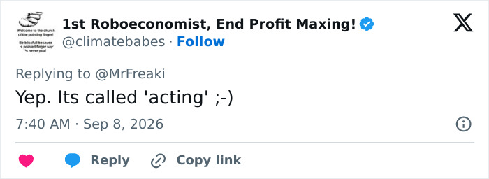 A social media post from 1st Roboeconomist, End Profit Maxing! about an actress's red carpet response being 'acting'. A social media post from 1st Roboeconomist, End Profit Maxing! about an actress's red carpet response being 'acting'.