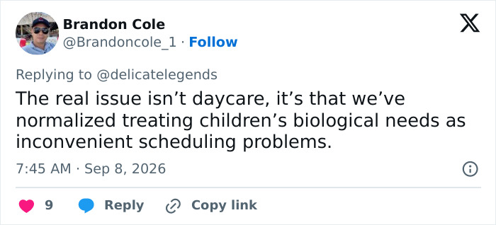Tweet: A user argues the issue is normalized treatment of children's biological needs, part of the parent debate.