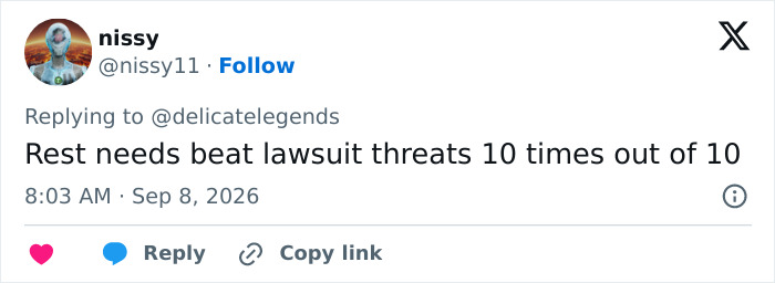 Screenshot of a tweet from nissy, mentioning rest needs outweighing lawsuit threats in the nursery debate.