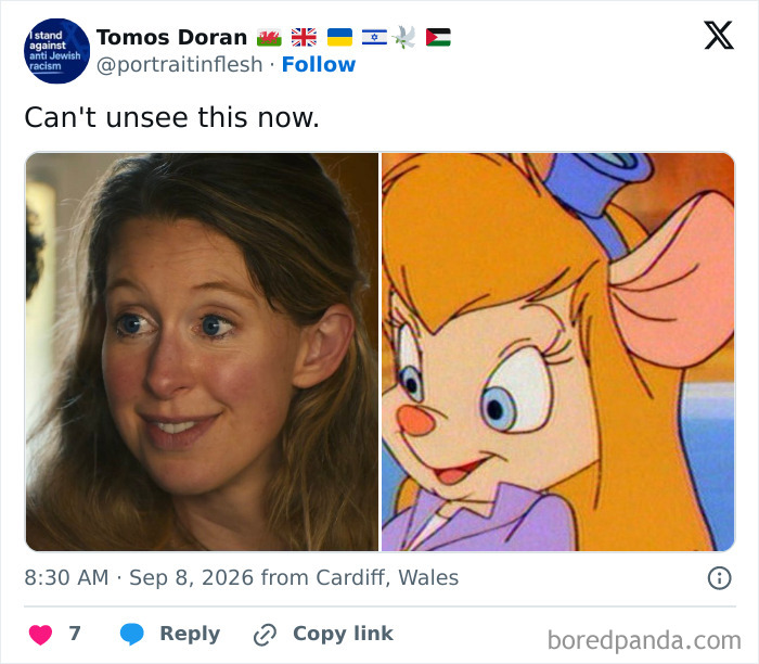 A Theranos fraud meme comparing a woman's face to a cartoon character with a similar expression.