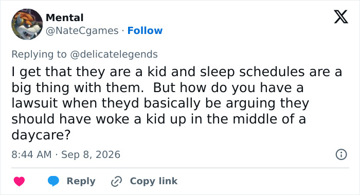 Screenshot of a tweet from Mental questioning a lawsuit about waking a kid in daycare amid the nursery debate.