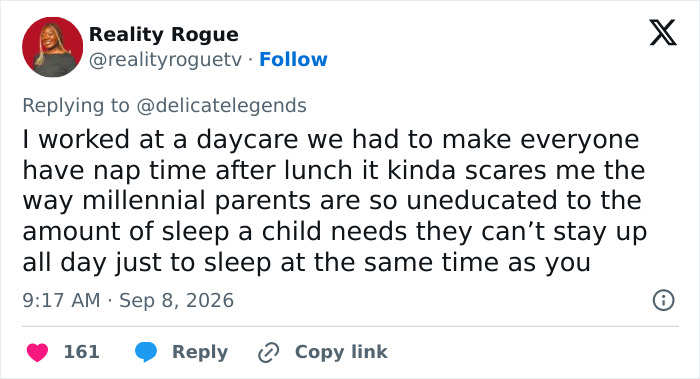 A social media user's comment on millennial parents and child sleep, adding to the debate.