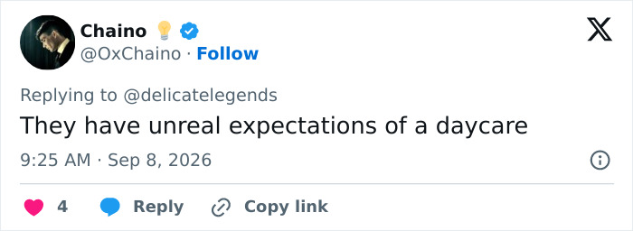 Tweet: A user states parents have unreal expectations of a daycare, contributing to the parent debate.
