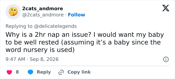 Tweet: A user questions why a 2-hour nap is an issue, supporting the nursery in the parent debate.