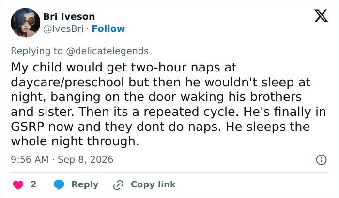 A social media post from Bri Iveson about a child's nap schedule debate and how it affects their sleep at night.