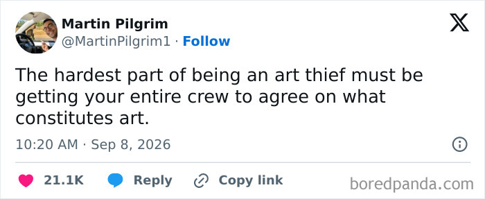 Funny Tweets post about the difficulty of being an art thief.