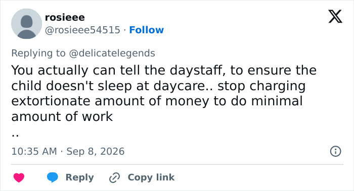 A social media post from rosieee suggesting telling daystaff to prevent naps, adding to the debate about a dad's complaint.