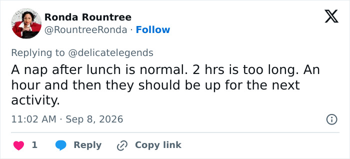 Screenshot of a tweet from Ronda Rountree on nap times after lunch, commenting on the nursery debate.