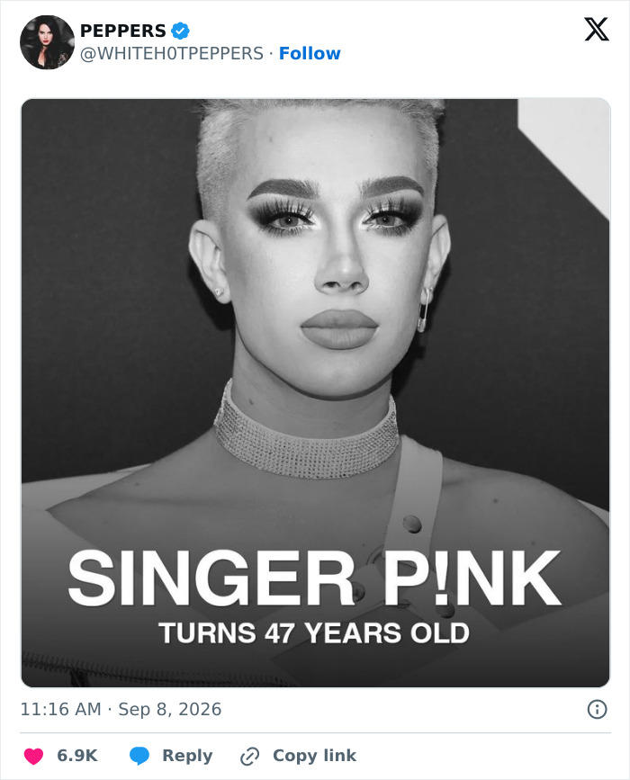 Black and white image of James Charles with text SINGER P!NK TURNS 47 YEARS OLD, related to Pink losing fan support.
