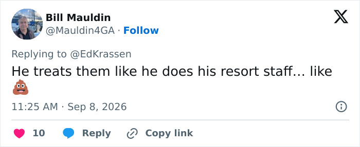 Screenshot of a tweet from Bill Mauldin on September 8, 2026, about Donald Trump's brutal words to Marine One pilots. Screenshot of a tweet from Bill Mauldin on September 8, 2026, about Donald Trump's brutal words to Marine One pilots.