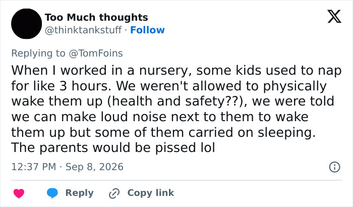 Tweet: A user shares an experience from a nursery where kids napped for hours, contributing to the parent debate.