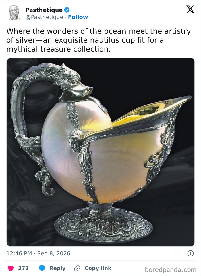 An ornate silver nautilus cup, blending natural history with aesthetic art.