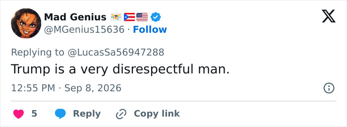 A social media post regarding Donald Trump's words to Marine One pilots, saying 'Trump is a very disrespectful man'. A social media post regarding Donald Trump's words to Marine One pilots, saying 'Trump is a very disrespectful man'.