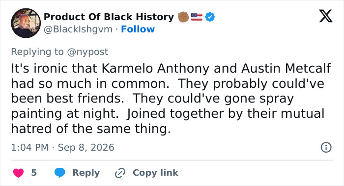 A social media post on X about Karmelo Anthony's hateful texts mentioning shared hatred.