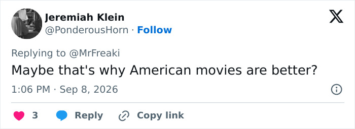 Actress red carpet response: A tweet by @PonderousHorn asks, 'Maybe that's why American movies are better?' Actress red carpet response: A tweet by @PonderousHorn asks, 'Maybe that's why American movies are better?'