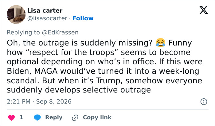 Screenshot of a social media comment on selective outrage regarding Donald Trump's brutal words to Marine One pilots. Screenshot of a social media comment on selective outrage regarding Donald Trump's brutal words to Marine One pilots.