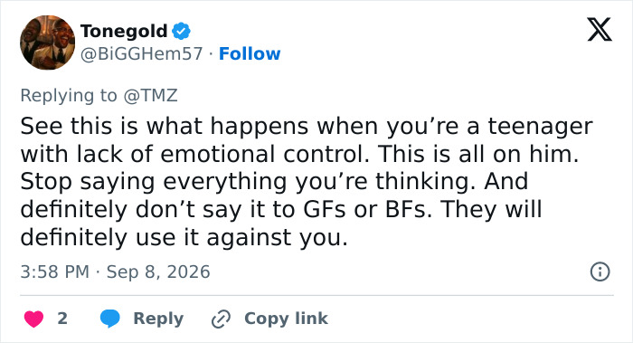 A social media comment from Tonegold discussing Karmelo Anthony's hateful texts and emotional control.