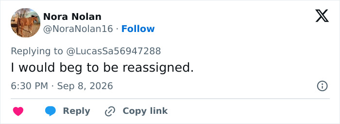 A tweet by user Nora Nolan suggesting reassignment after the heated exchange with Donald Trump and Marine One pilots. A tweet by user Nora Nolan suggesting reassignment after the heated exchange with Donald Trump and Marine One pilots.