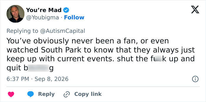 A social media reply from @Youbigma defending South Park against fan fury regarding their Trump dig. A social media reply from @Youbigma defending South Park against fan fury regarding their Trump dig.