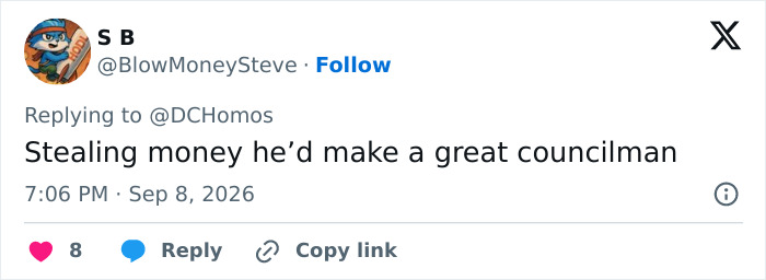 A social media post from S B saying that a pastor stealing money would make him a great councilman, referencing the alleged cruise ticket scammer. A social media post from S B saying that a pastor stealing money would make him a great councilman, referencing the alleged cruise ticket scammer.