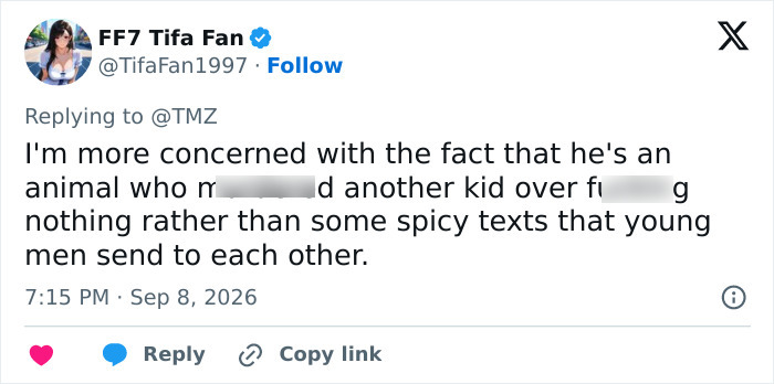 A social media comment from FF7 Tifa Fan about Karmelo Anthony's hateful texts and a secret deal.